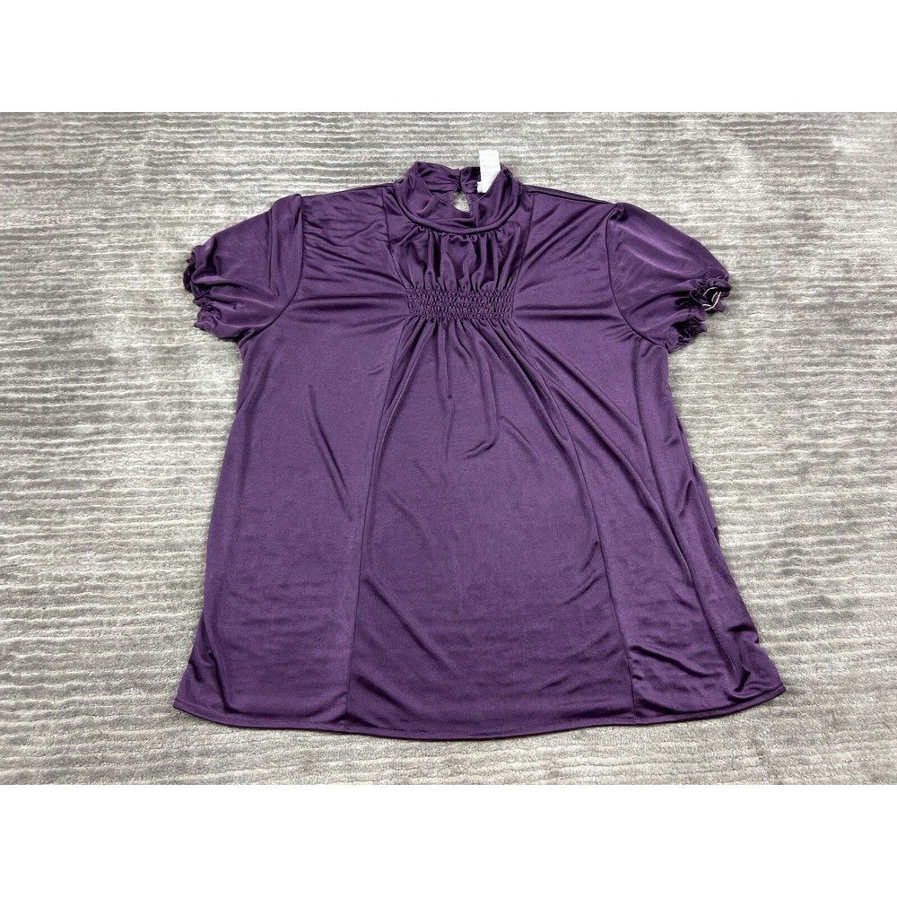 Worthington Top Womens Large Purple Satin Feel Short Sleeve Polyester Blend